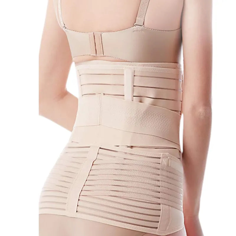 Beige belly wrap band from the back view, offering lumbar and waist support after delivery on a white background.