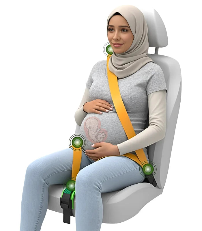 A pregnant woman sitting in a car seat using a bump guard seat belt adapter for safe pregnancy travel and belly protection.