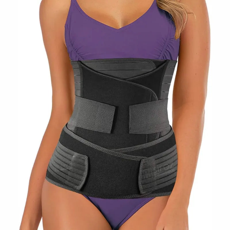 Front view of a woman wearing a black 3-in-1 C-section recovery belly band with adjustable straps for postnatal support.