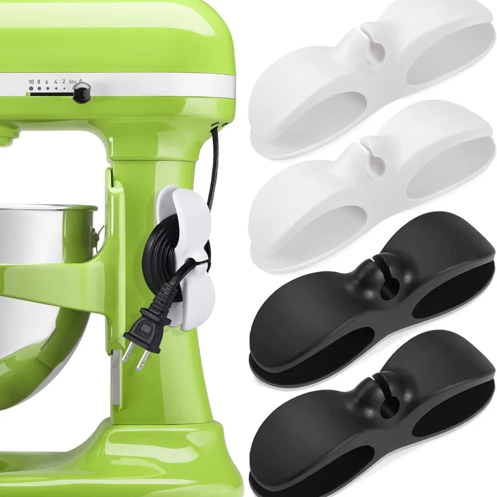 Green Mixer with Attached black Cord Organizer and Four Cord Holder Clips (Two White, Two Black) for Kitchen Appliance.