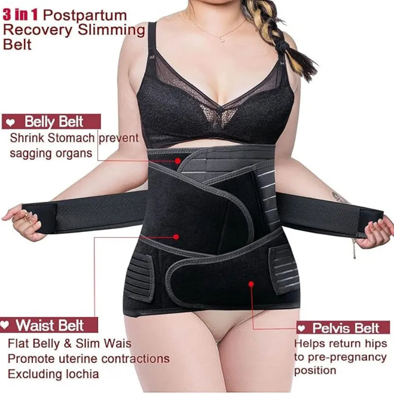 Woman wearing a black postpartum recovery slimming belt with text describing its features.