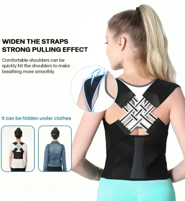 A beautiful girl wearing a posture correction belt, showcasing its use under clothes against a white background