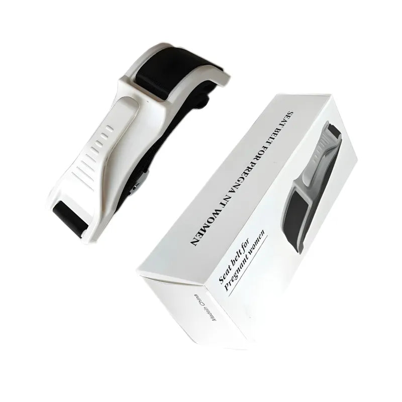 Pregnancy car seat belt adjuster for expectant moms, showcased in a white box on a clean white background.