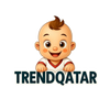 Smiling cartoon baby above the text TRENDQATAR logo for a mom and baby store in Qatar.