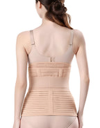 Back view of a woman wearing a beige postpartum C-section recovery belly wrap and a tummy support belt after childbirth.