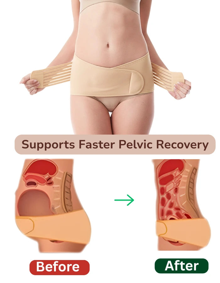 A woman wearing a postpartum recovery pelvis support belt showing before and after results on a white background.