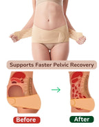 A woman wearing a postpartum recovery pelvis support belt showing before and after results on a white background.