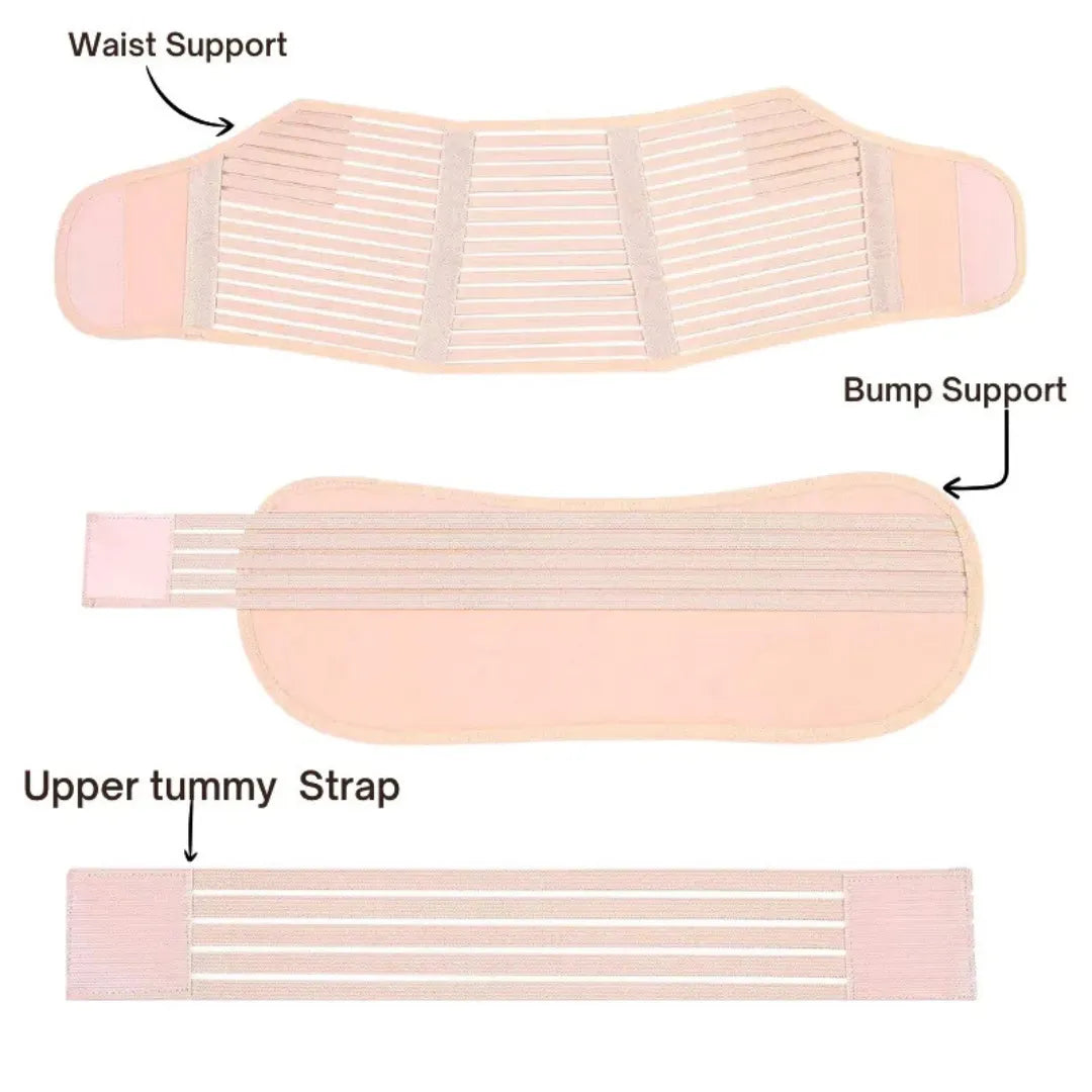 three-in-one beige-colored  pregnancy belly support band, including waist belt, bump support and tummy strap for maternity.