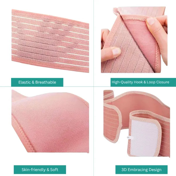 Breathable elastic maternity belly support belt with soft fabric, 3D fit, and high-quality hook and loop closure.