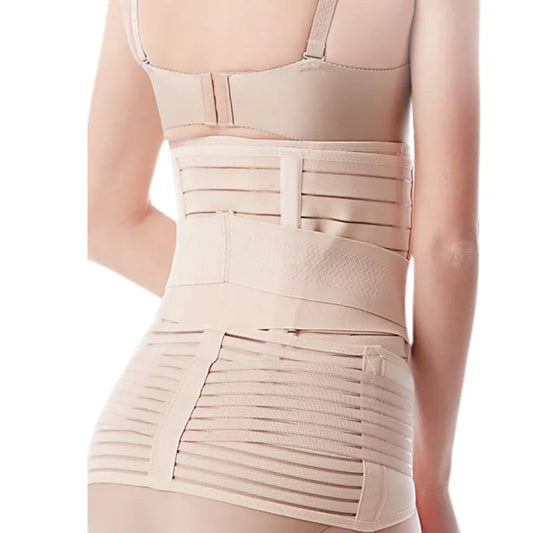 Beige belly wrap band from the back view, offering lumbar and waist support after delivery on a white background.