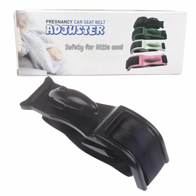 Pregnancy Car Seat Belt Adjuster in Black color with Color Box of Maternity Safety Belt on a White plain Background