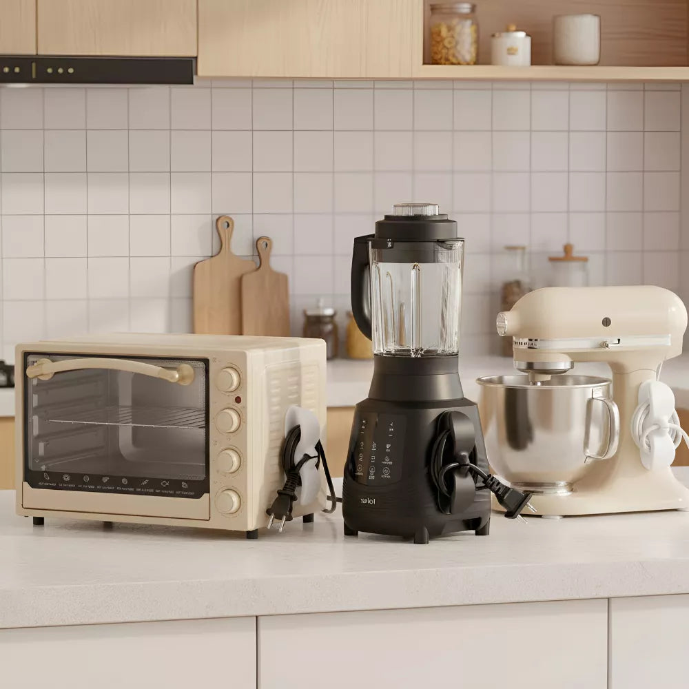 Cord holder organizing appliance power cords for a tidy, modern kitchen countertop.