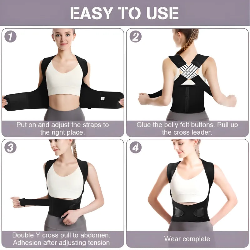 Step-by-step guide showing how to wear and adjust a posture corrector  brace on a woman