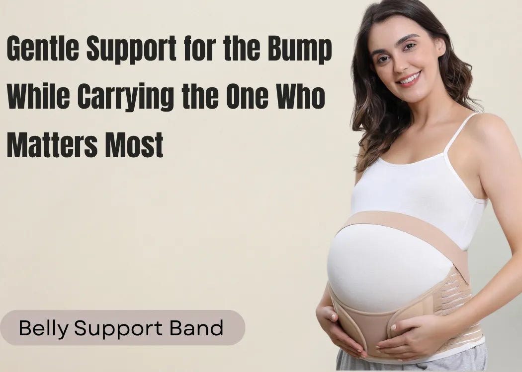 Pregnant woman wearing a belly support band with text about support for the bump.