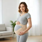 Woman wearing a beige maternity bump support belt in a bright Livingroom.