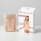 Postpartum belt packaging with a clear bag containing the belt on a light gray background.