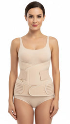 A woman wearing a beige postpartum recovery support belt on a white background.