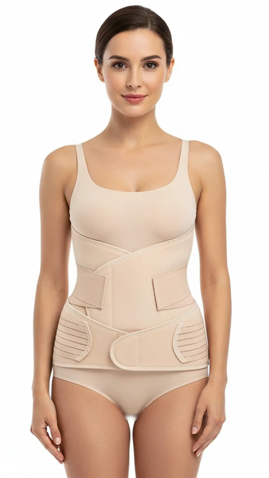 A woman wearing a beige postpartum recovery support belt on a white background.