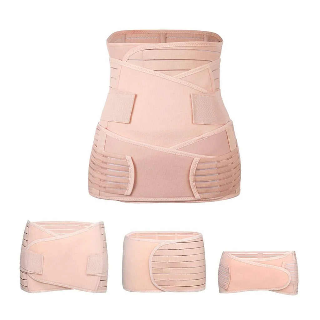 A complete beige 3-in-1 postpartum support belt set, showing the assembled belt and its three individual components.