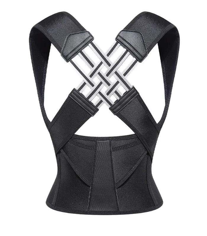 Black posture corrector back support brace on a white background