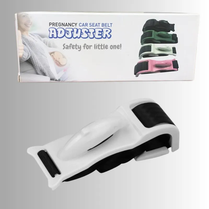 Pregnancy Car Seat Belt Adjuster in White color with Color Box of Maternity Safety Belt on a White Background