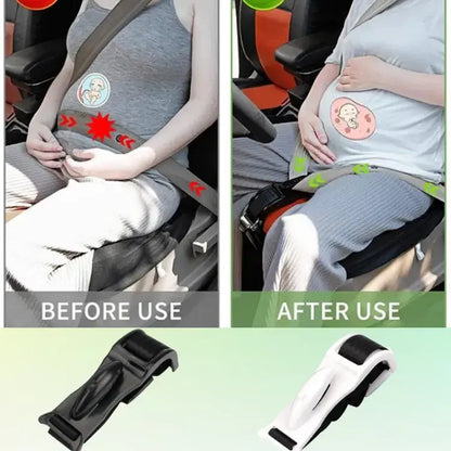 A woman wearing a car safety belt adjuster, showcasing the advantages of using a pregnancy safety belt adjuster in a car with two images.