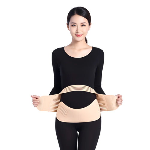 Pregnant Woman wearing a beige belly support belt on a white background