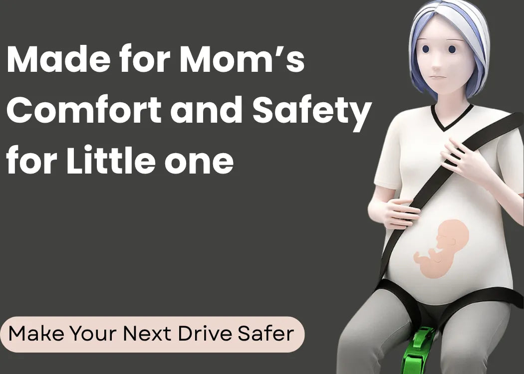   A dummy pregnant woman using a car seat belt adjuster showcases the safety and comfort with a baby illustration on her stomach.