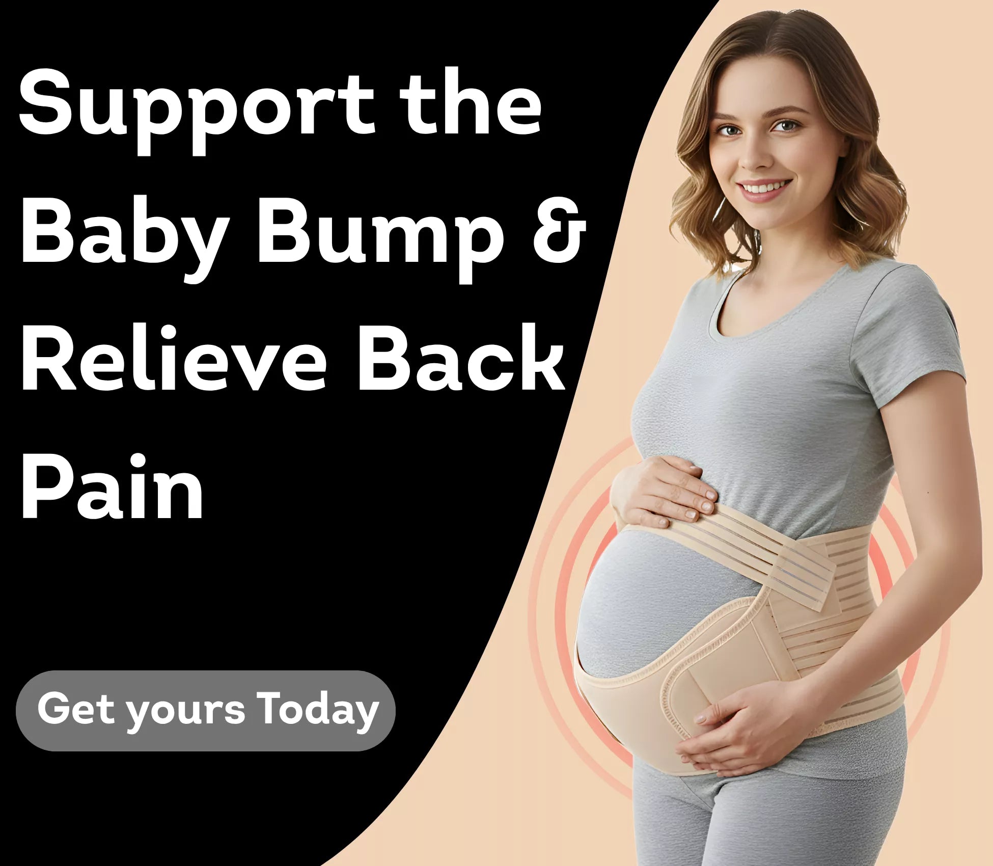 Pregnant woman wearing a beige belly support belt with promotional text on a black background.