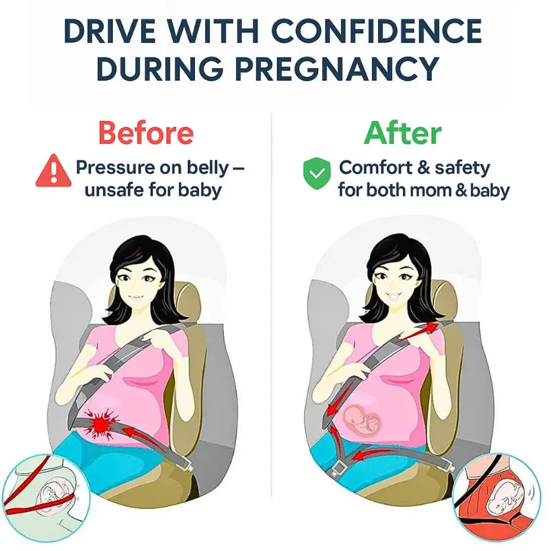 A pregnant woman is showing before and after use of seat belt extender during pregnancy with the headline in white background.