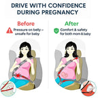 A pregnant woman is showing before and after use of seat belt extender during pregnancy with the headline in white background.