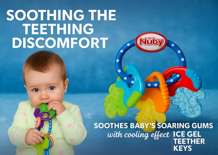   Baby holding a Nuby teething key with text about soothing teething discomfort on a blue background.