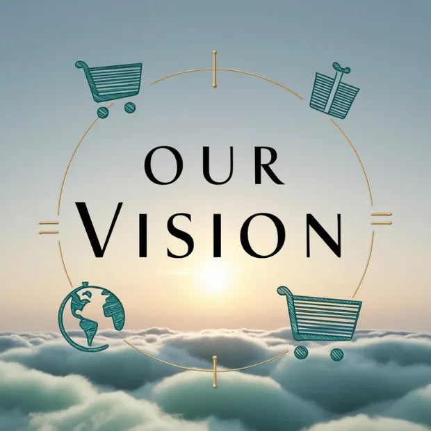  Image of 'Our Vision' text with a sunlight, blue-gradient background, featuring a cart, globe, and green shopping icons